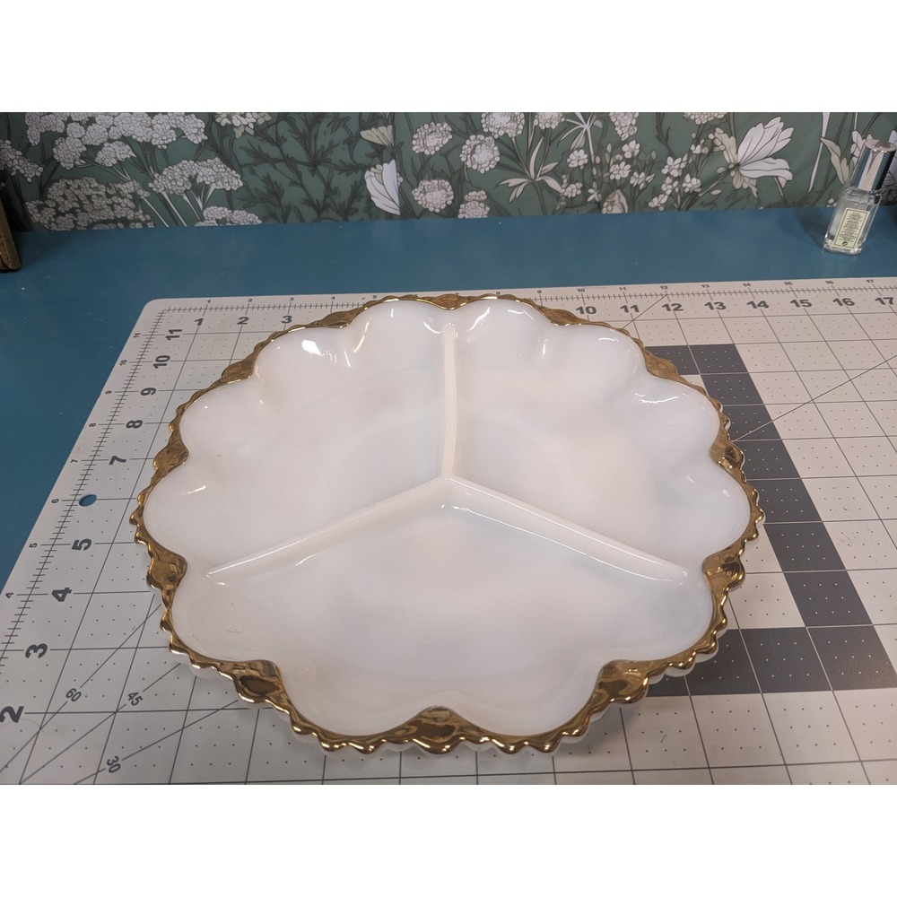 Fire-King Milk Glass Divided Relish Dish Gold Trim Scalloped Edge 11 inch